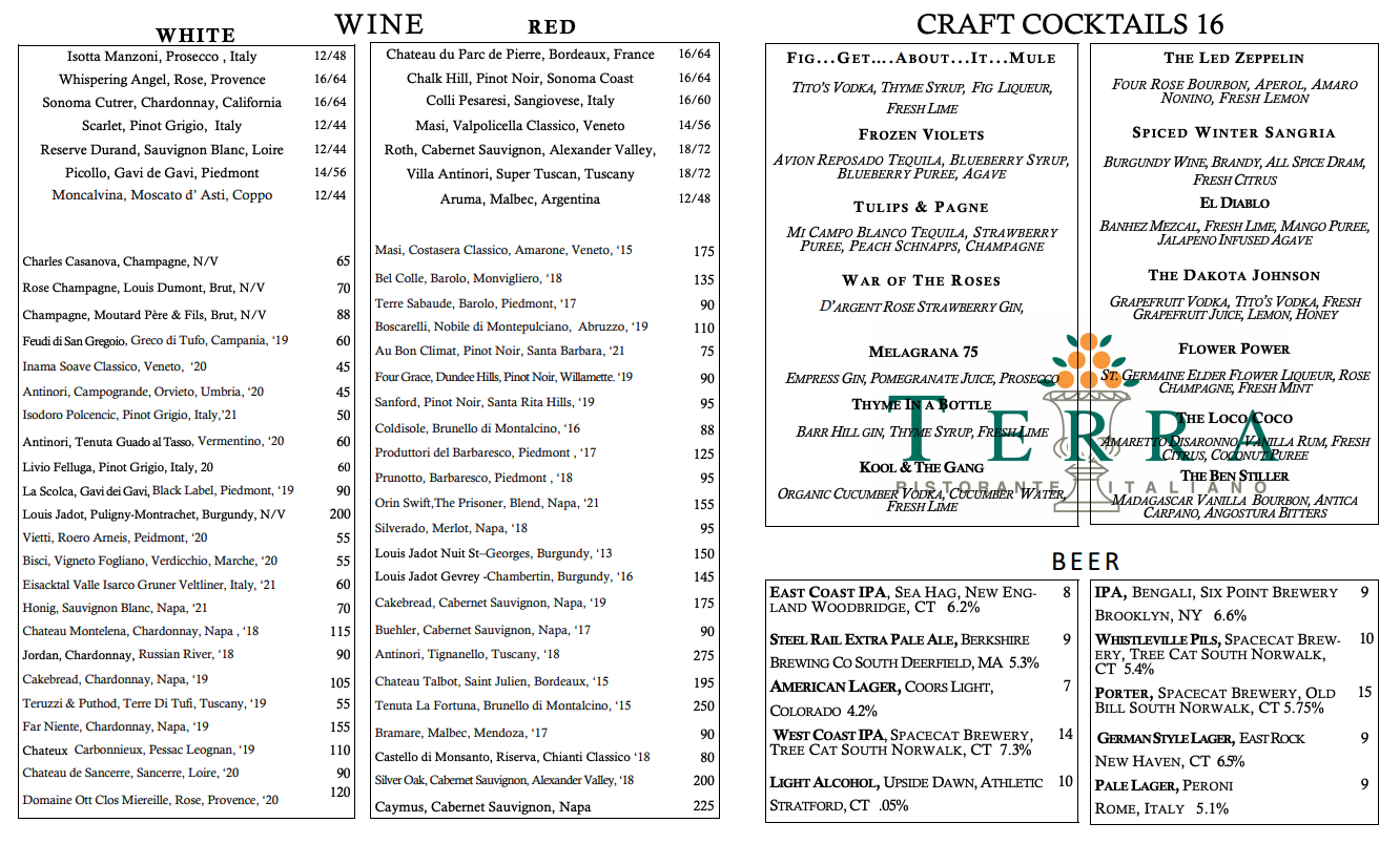 Terra Danbury Restaurant Menu